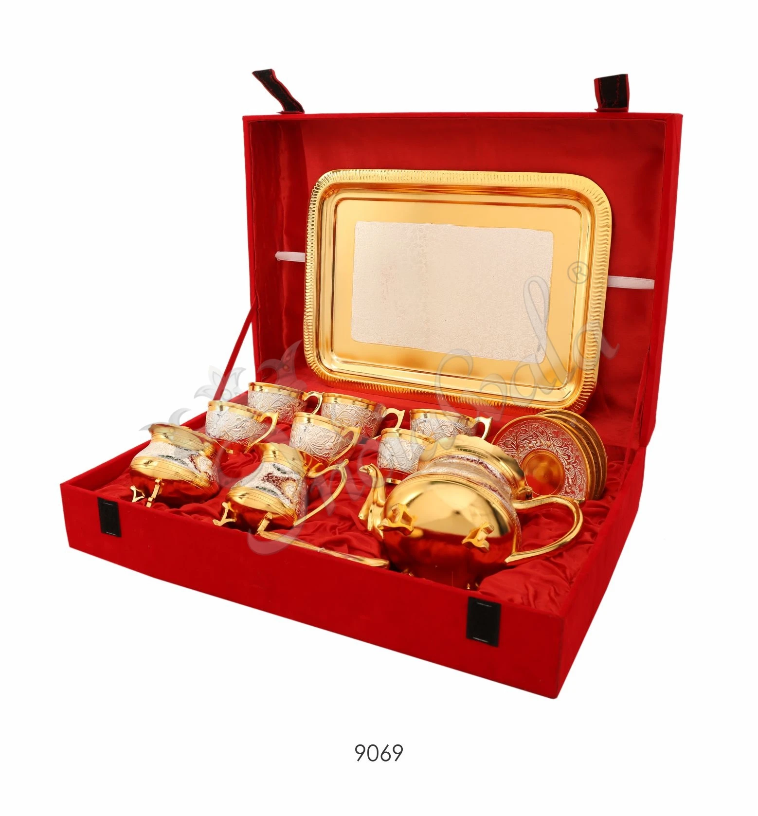 Elegant Dual Tone Brass Tea Set with Tray in a premium velvet box