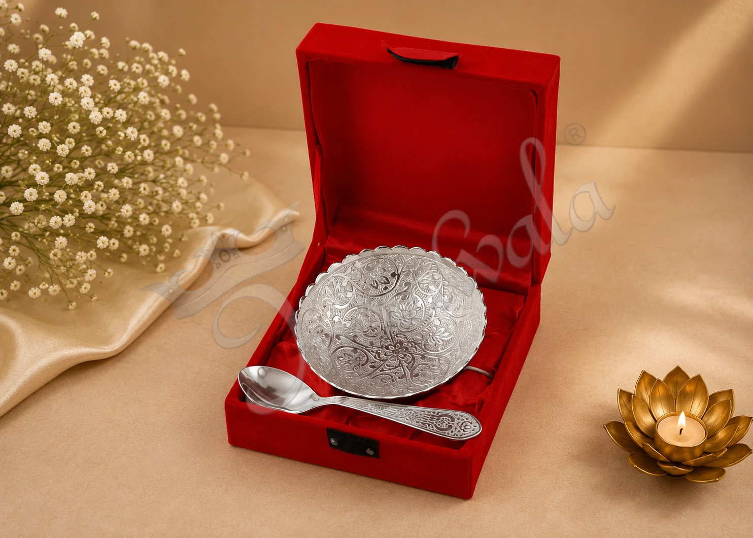 INW-9178 3.5 Inch Silver Plated Bowl with Steel Plate in a premium velvet box