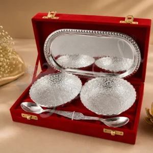 Silver Plated Aluminium Bowl Set with Steel Tray in a premium velvet box