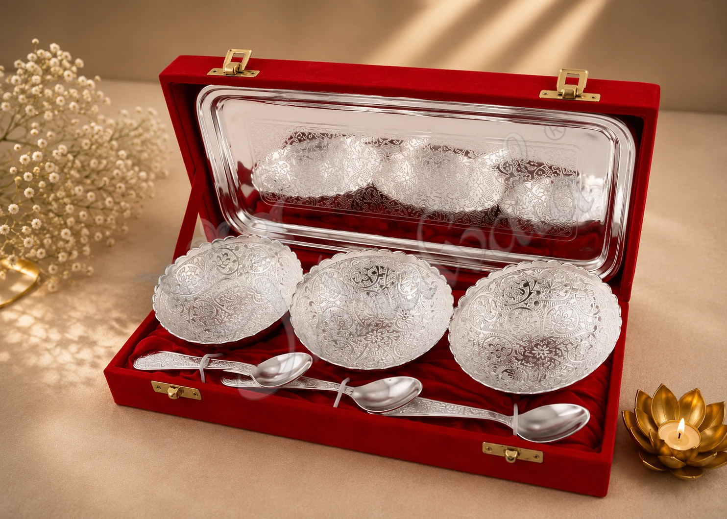 INW-9184 Silver plated bowl set of 3 with steel tray in a velvet box
