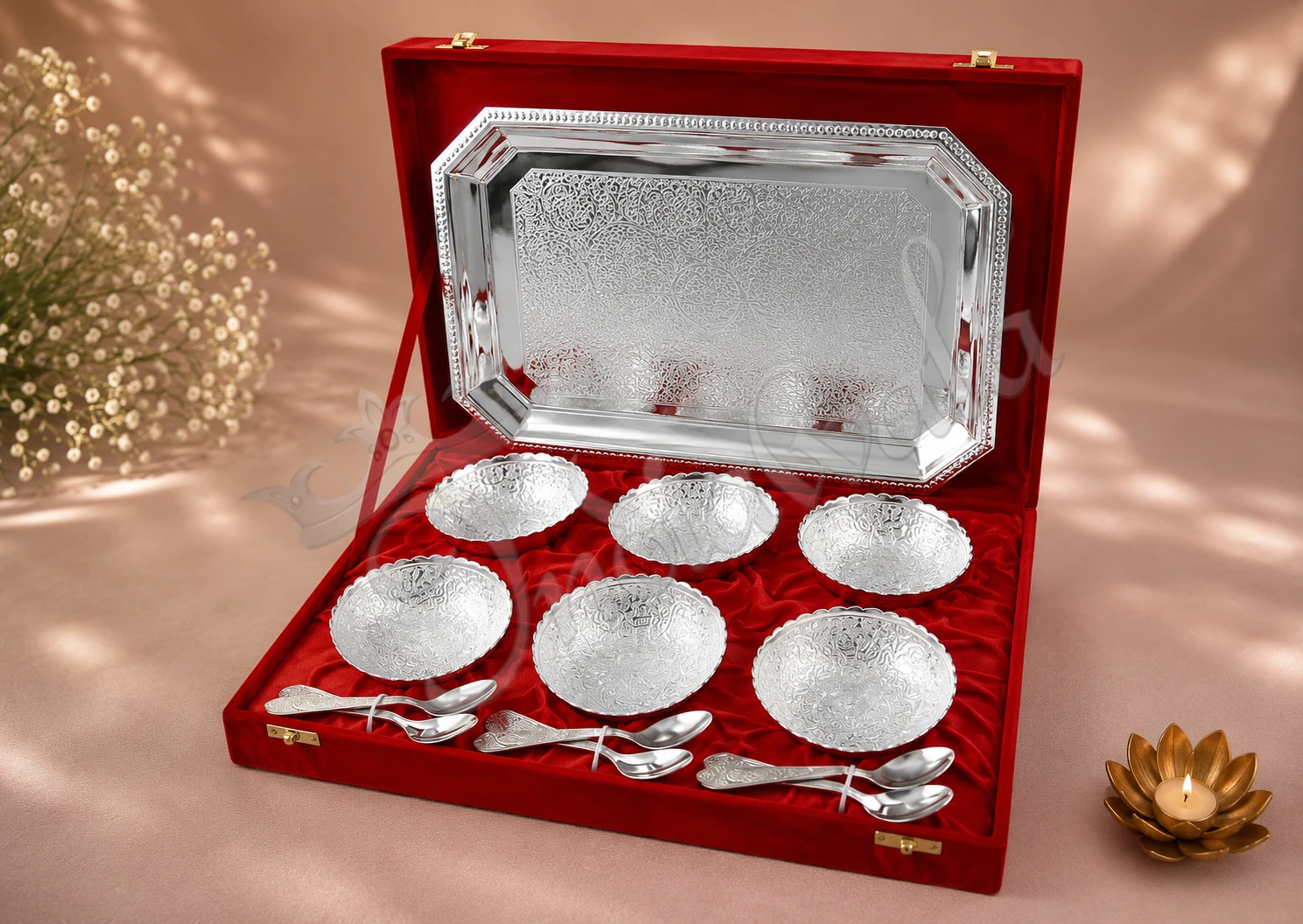 INW-9191 Elegant silver plated aluminium bowl set of 6 with tray in a velvet box
