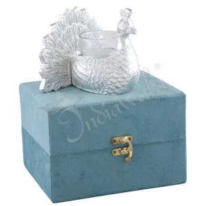 Elegant silver plated peacock t-light candle holder set in a velvet box