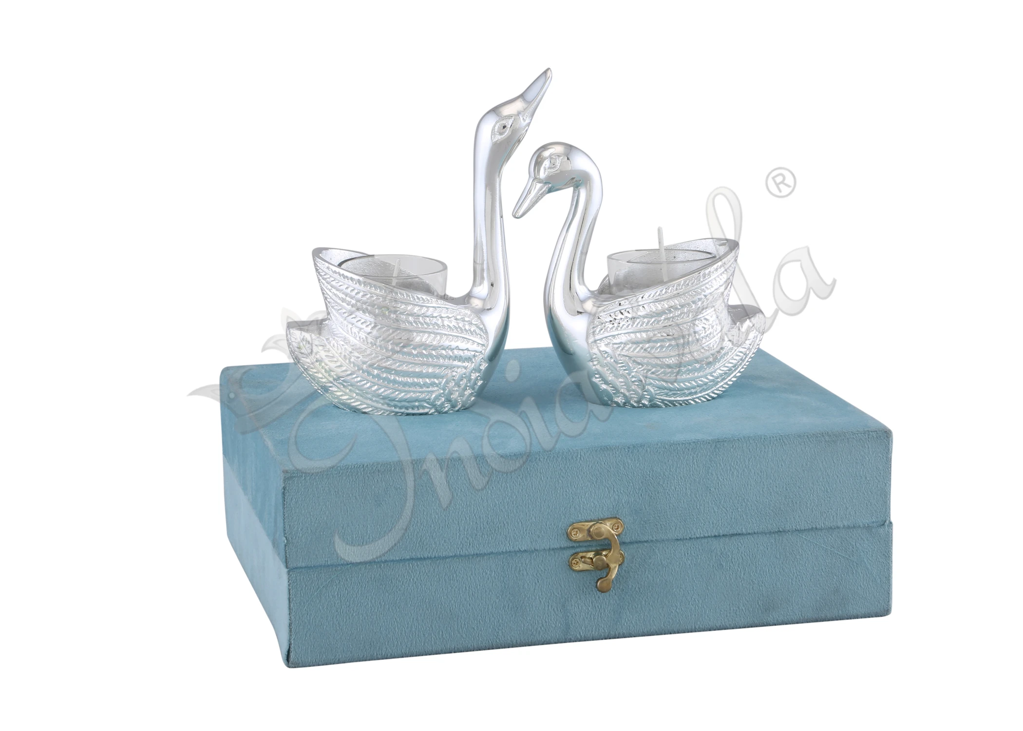 A pair of elegant Gifting Silver Plated Aluminium Swan T-Light Holder Set, presented in a velvet box.