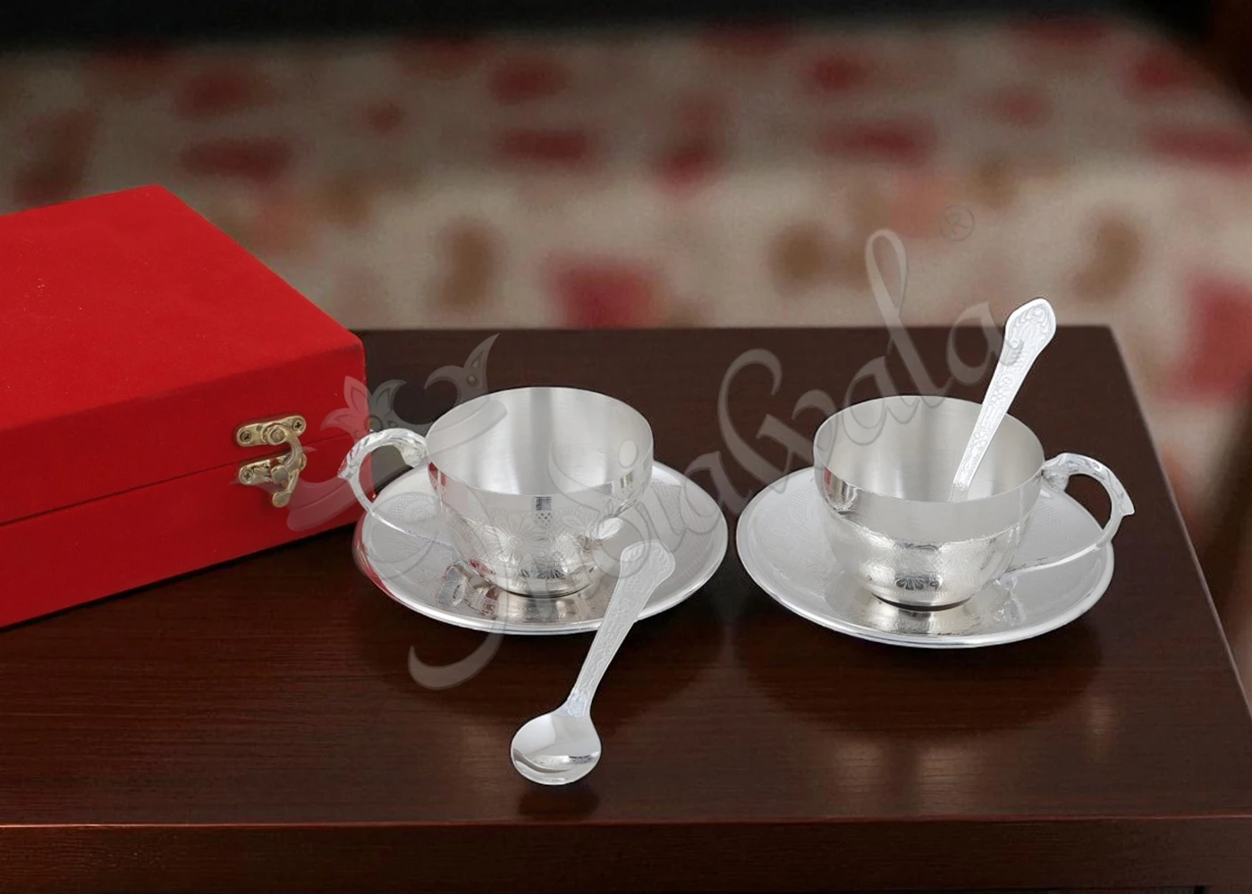 INW-9223 Elegant Silver Plated Steel Cup Plate Set in a premium red velvet box