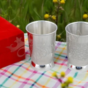 Elegant 4 Inch Silver Plated Steel Glass Set in a red velvet box