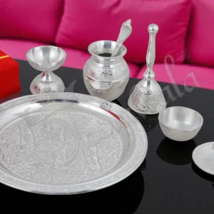 A beautiful 10 Inch Silver Plated Aluminium Pooja Thali, perfect for religious ceremonies.