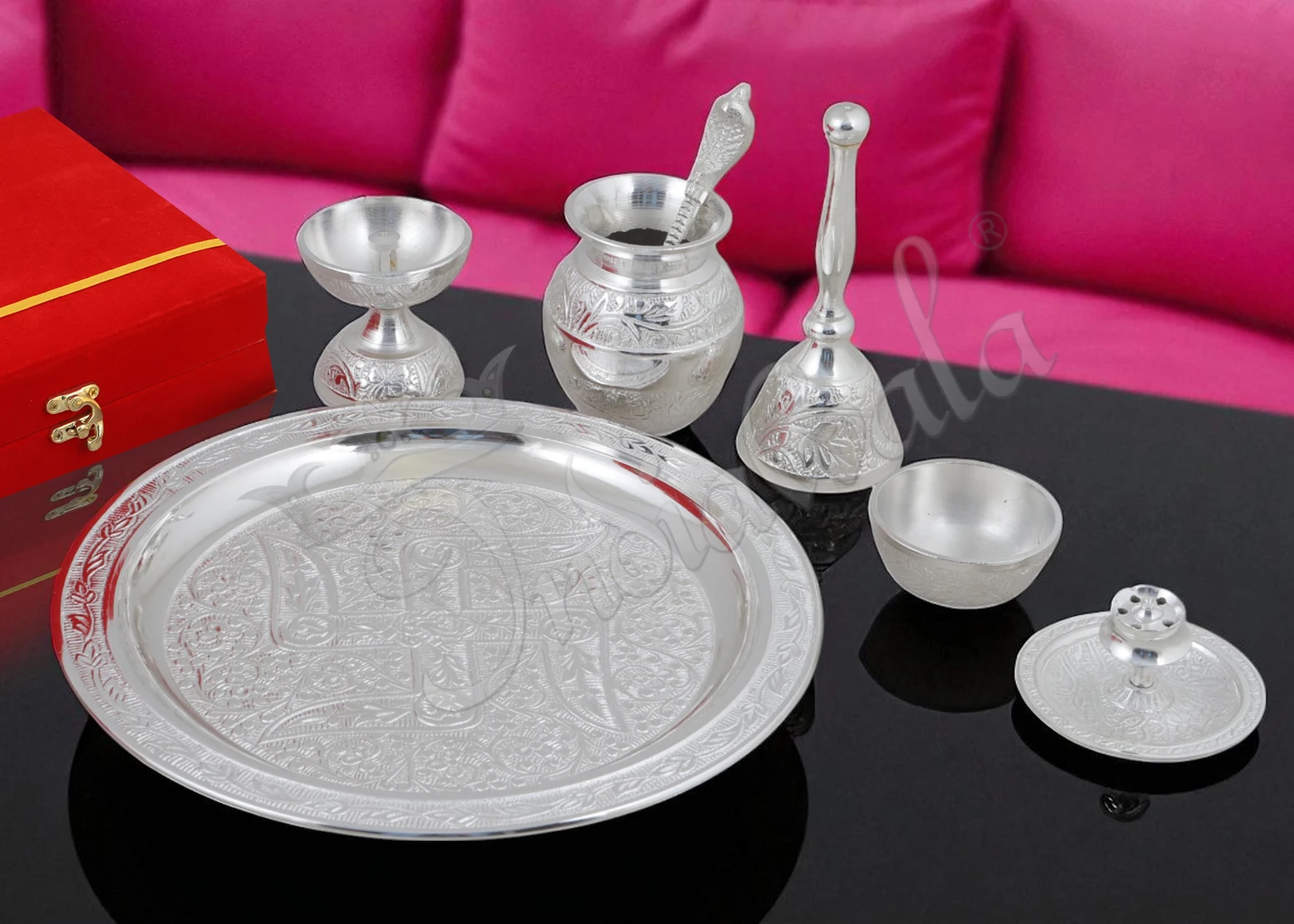 INW-9229 A beautiful 10 Inch Silver Plated Aluminium Pooja Thali, perfect for religious ceremonies.