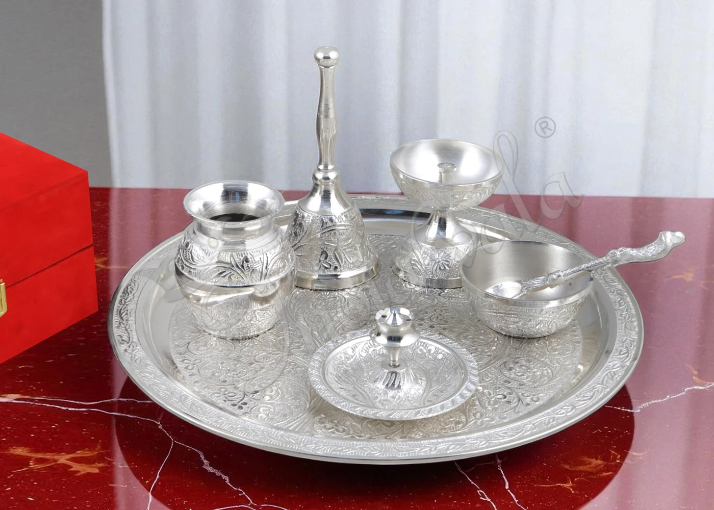 INW-9230 A Traditional 10 Inch Silver Plated Aluminium Pooja Thali, elegantly crafted for spiritual rituals.