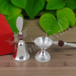 Silver Plated Aluminium Bell Diya Set in a premium red velvet box