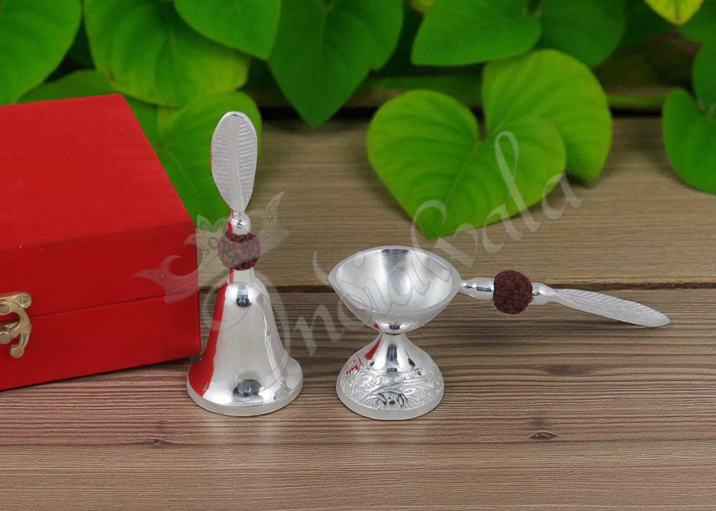 Silver Plated Aluminium Bell Diya Set in a premium red velvet box
