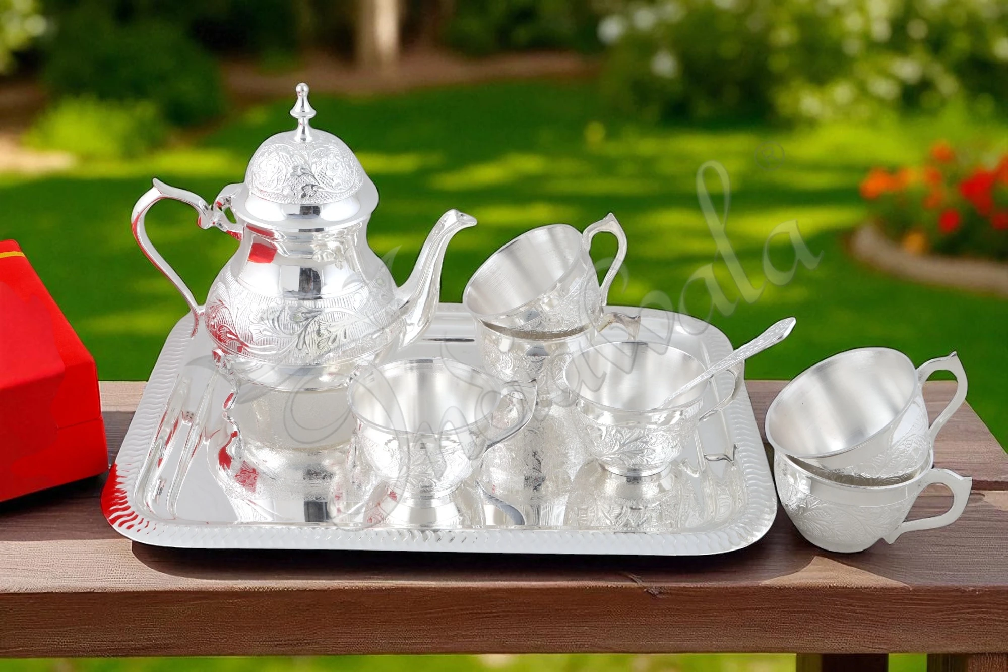 Elegant Silver Plated Brass Kettle and Cup Set with a matching tray