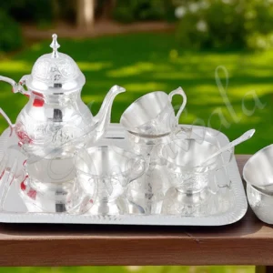 Elegant Silver Plated Brass Kettle and Cup Set with a matching tray