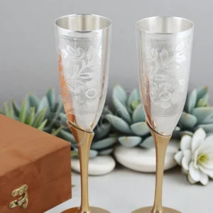 Elegant 9.5 Inch Silver Plated Steel Wine Goblet Set of 2 in a luxury velvet box