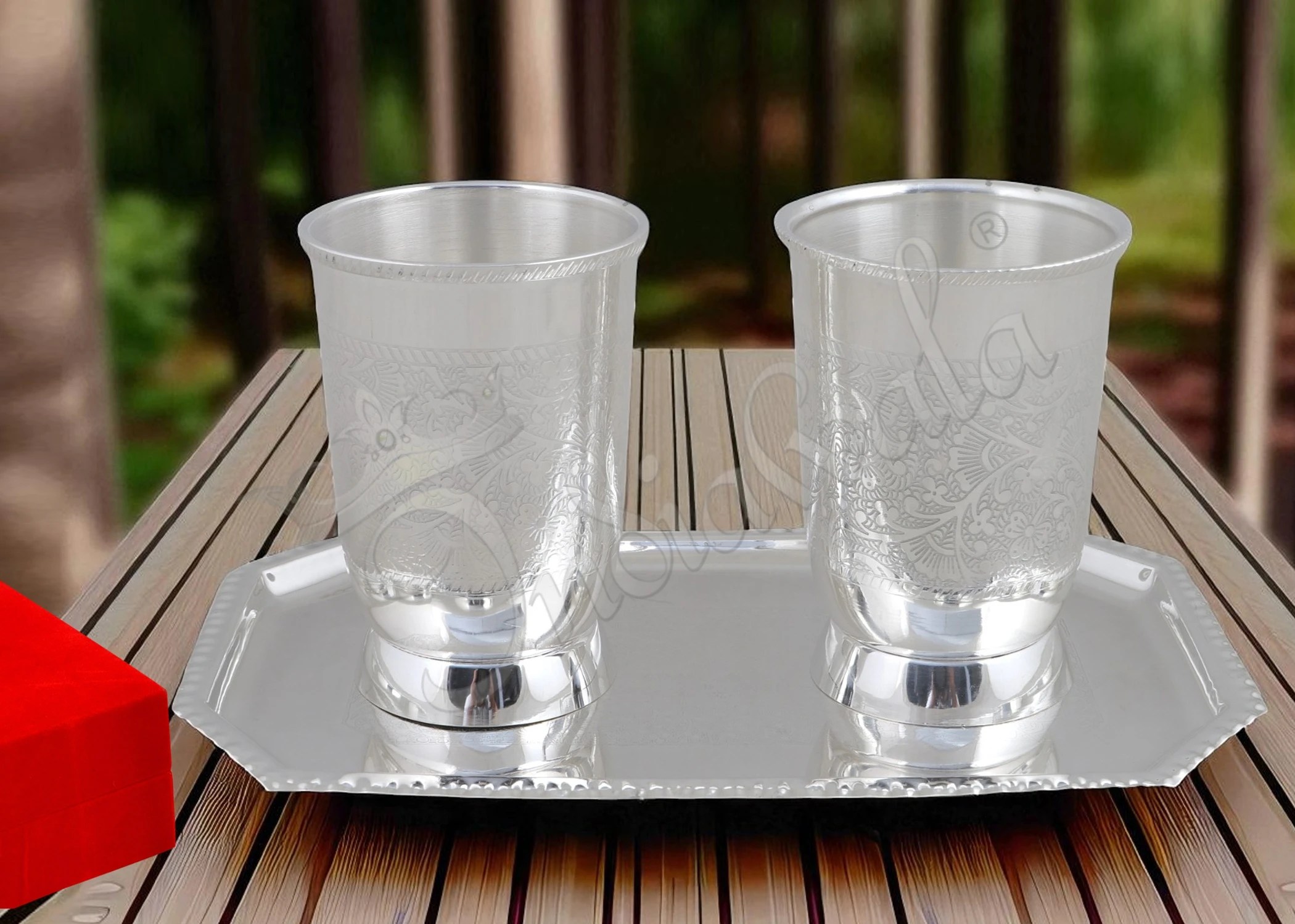 INW-9251-S Elegant Silver Plated Steel Two Glass Set with Tray in a red velvet box.