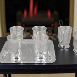 Elegant silver plated steel six glass set with tray in a premium velvet box