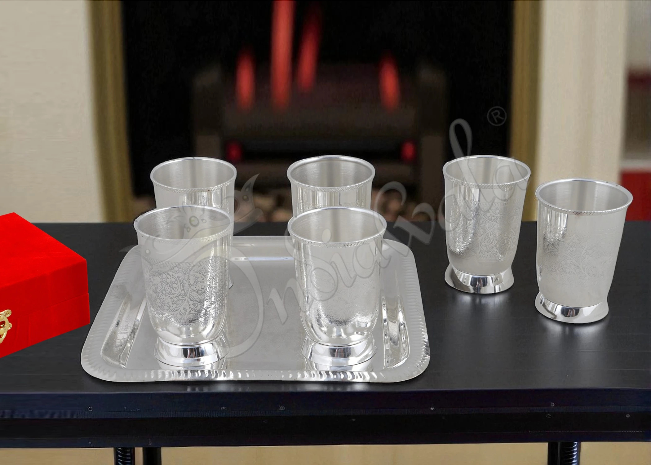 INW-9252-1 Elegant silver plated steel six glass set with tray in a premium velvet box