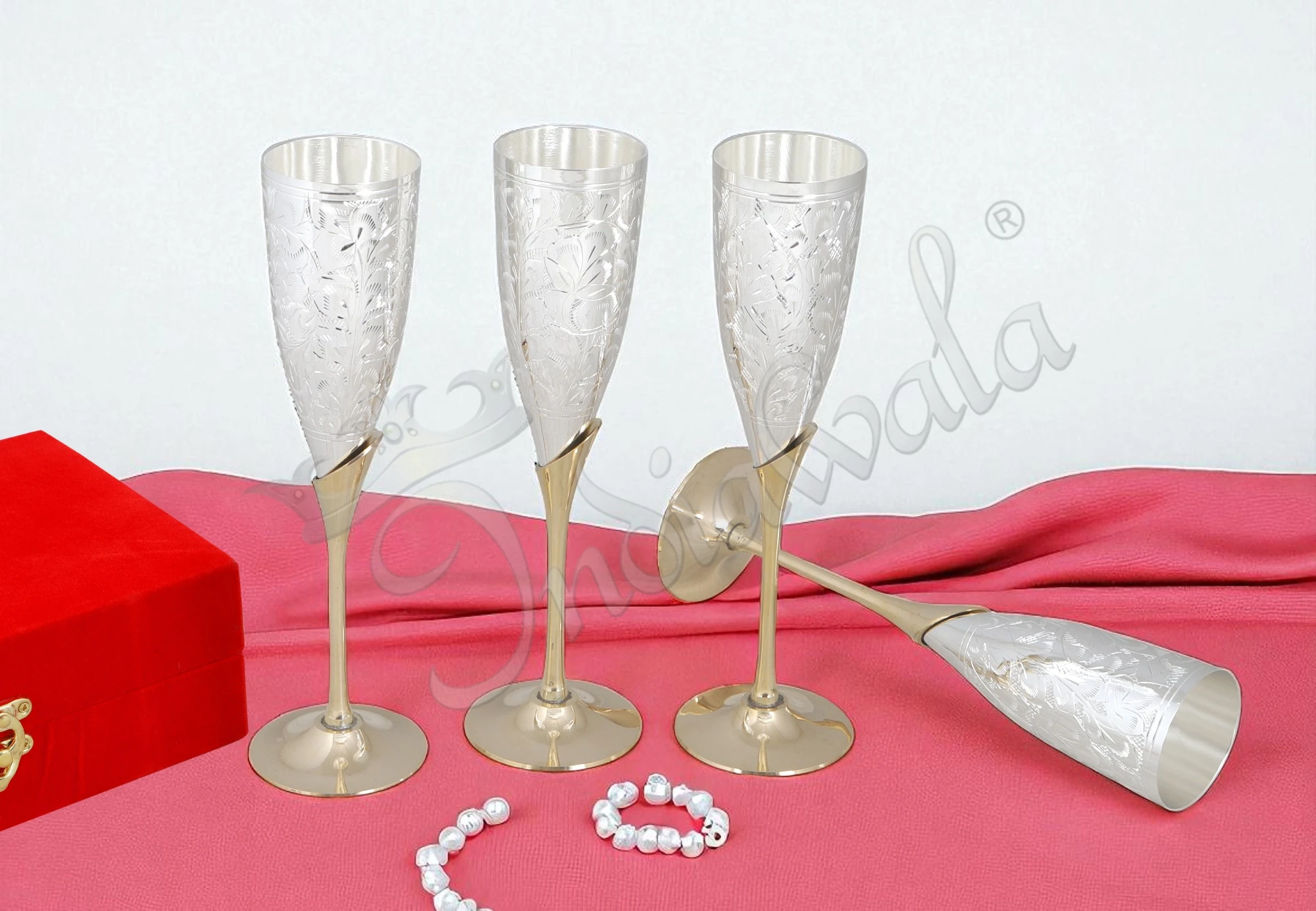 INW-9254-1 Elegant 9.5 Inch Silver Plated Brass Wine Set of 4 in a velvet box