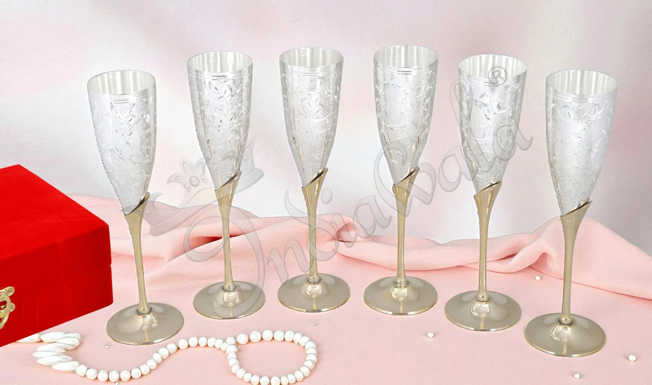 INW-9255-1 Elegant Silver Plated Brass Goblet Set of 6 in a premium velvet box