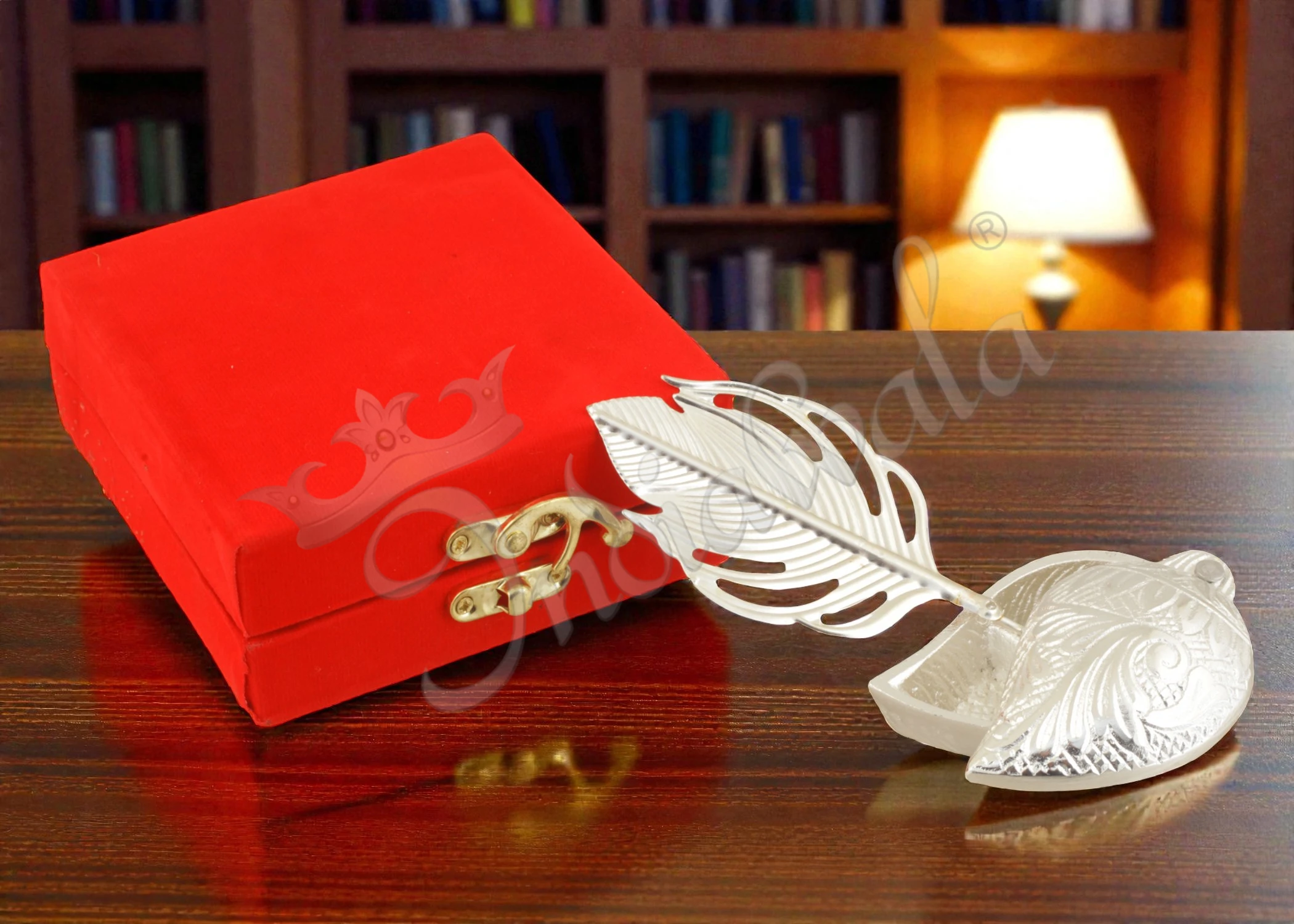 INW-9300 Elegant Silver Plated Aluminium Morpankhi Kumkum Box in a premium velvet box