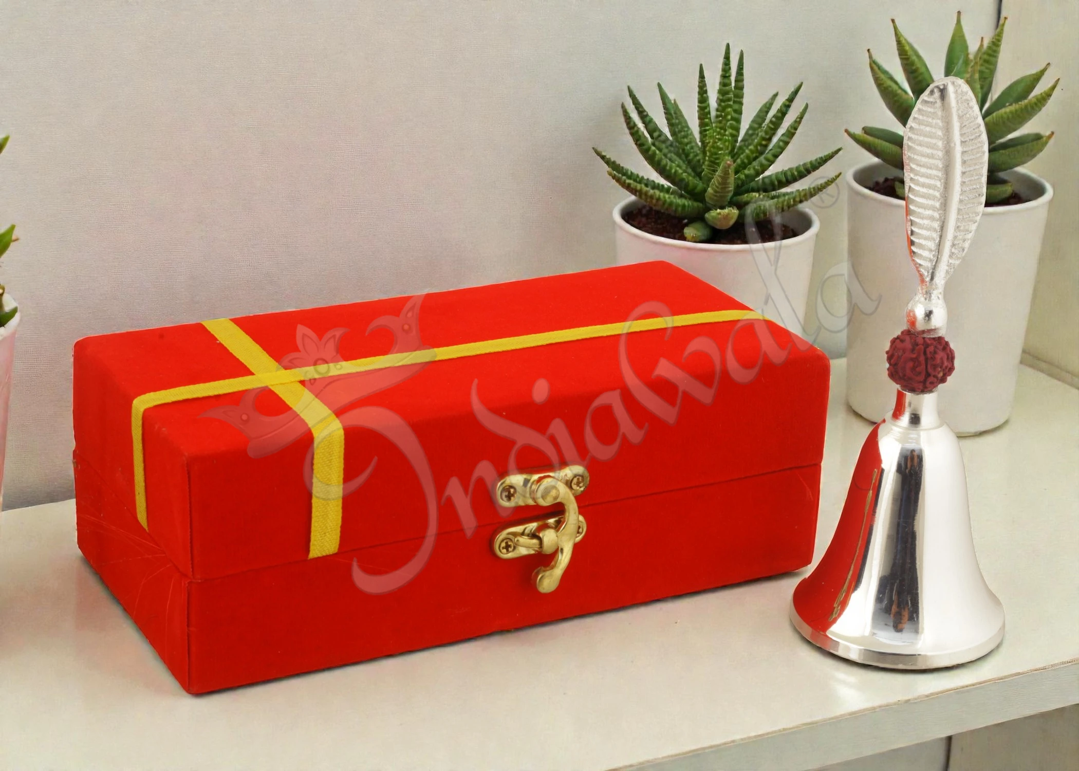 INW-9302 9.5 Inch Silver Plated Aluminium Pooja Bell in a premium velvet box