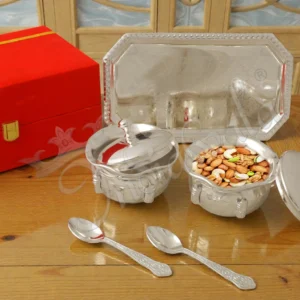Elegant Silver Plated Brass Tia Bowl Set with Tray in a premium velvet box