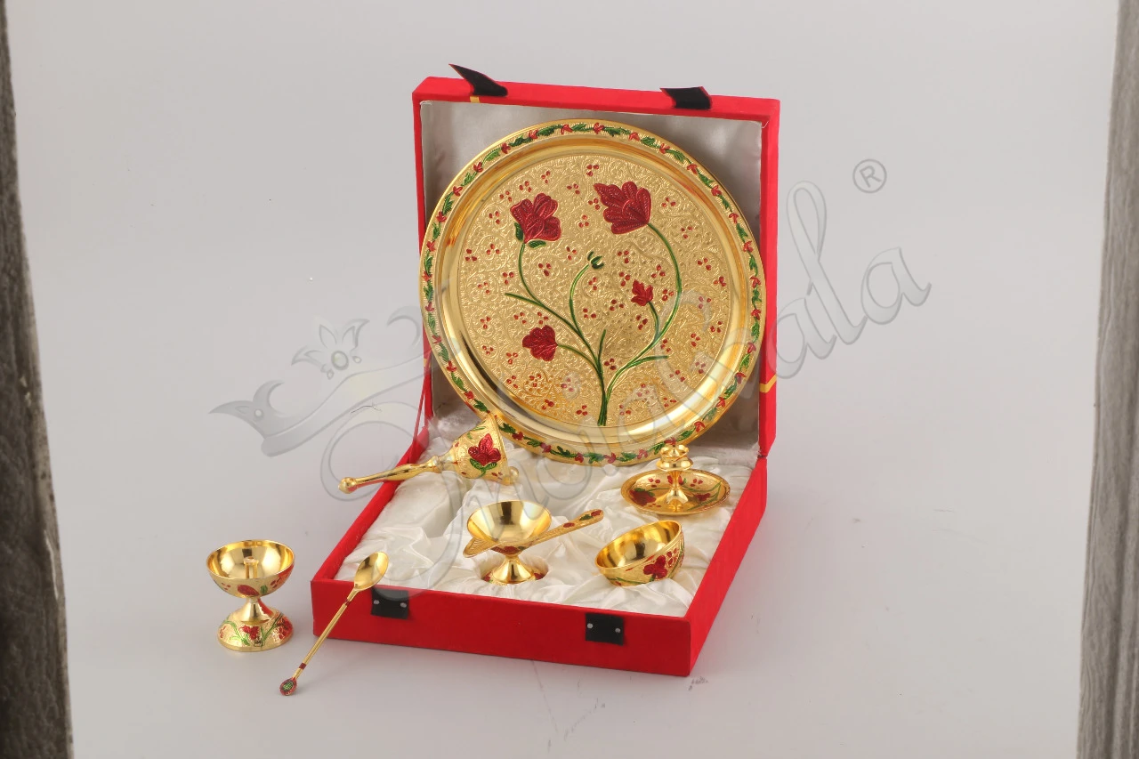 A beautifully crafted 10 Inch Gold Plated Brass Pooja Thali with a radiant finish.
