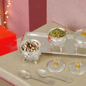 2.75 Inch Silver Plated Steel Gifting Bowl Set of 3 with tray in a velvet box