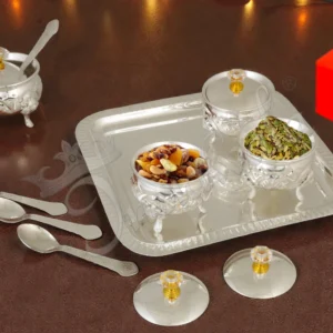 Silver Plated Steel 4 Bowl Set with Tray in an elegant velvet box packaging.