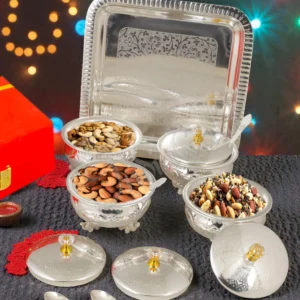 Silver Plated Steel 4 Inch Bowl Set of 4 with square tray in a velvet box