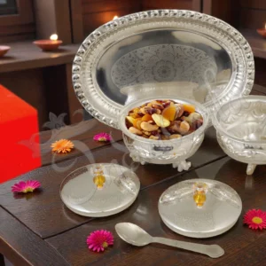 4 Inch Silver Plated Steel Bowl Set with Tray in a premium velvet box