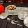 A premium 4 Inch Silver Plated Steel Bowl Set with Velvet Box, featuring two bowls and a tray.