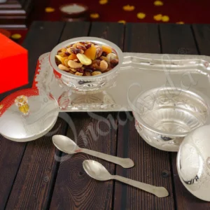 A premium 4 Inch Silver Plated Steel Bowl Set with Velvet Box, featuring two bowls and a tray.