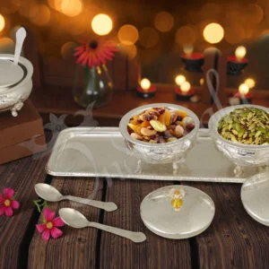 Elegant silver plated steel 3 bowl set with tray in a velvet box