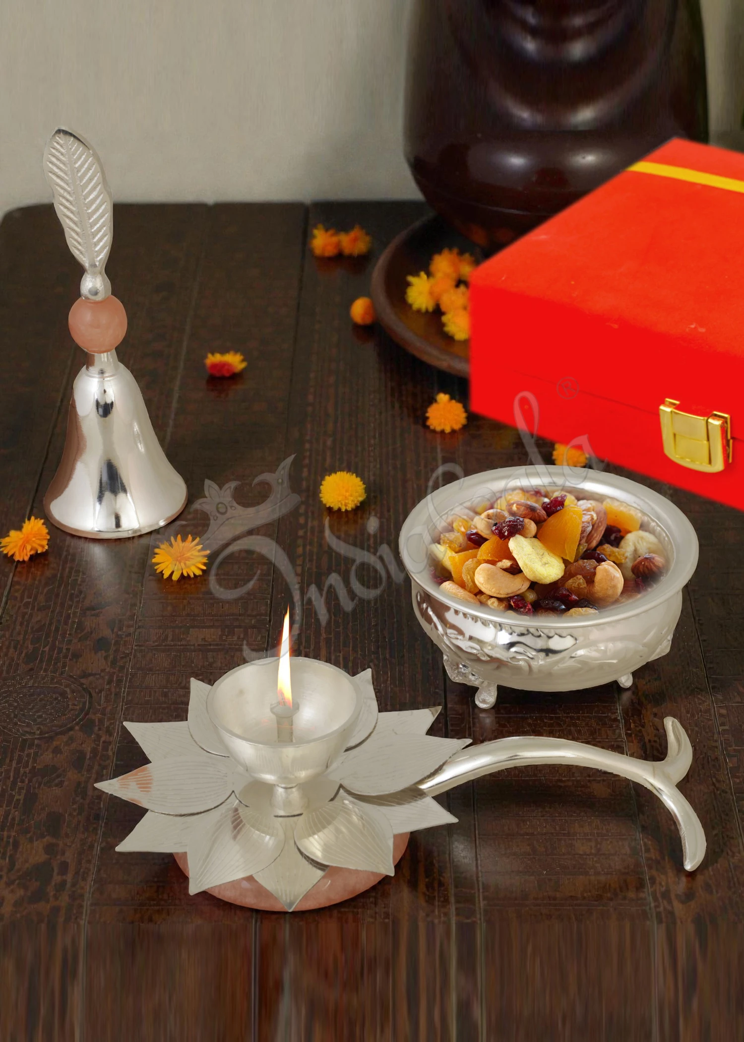 INW-9327 Elegant silver plated pooja bell diya bowl set in a premium velvet box.