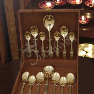 Handcrafted brass finish dining spoon set in a premium velvet box