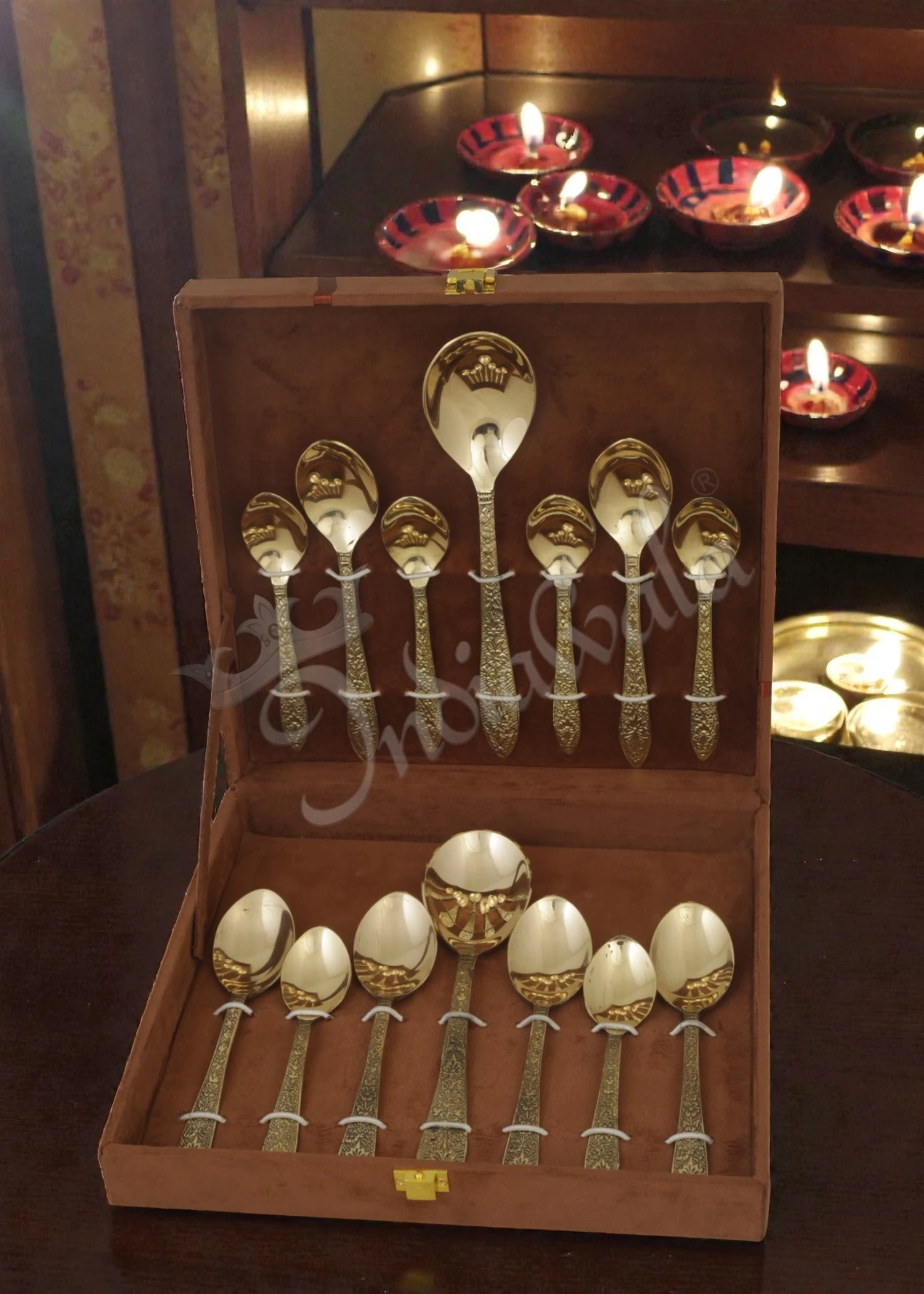 INW-9329 Handcrafted brass finish dining spoon set in a premium velvet box