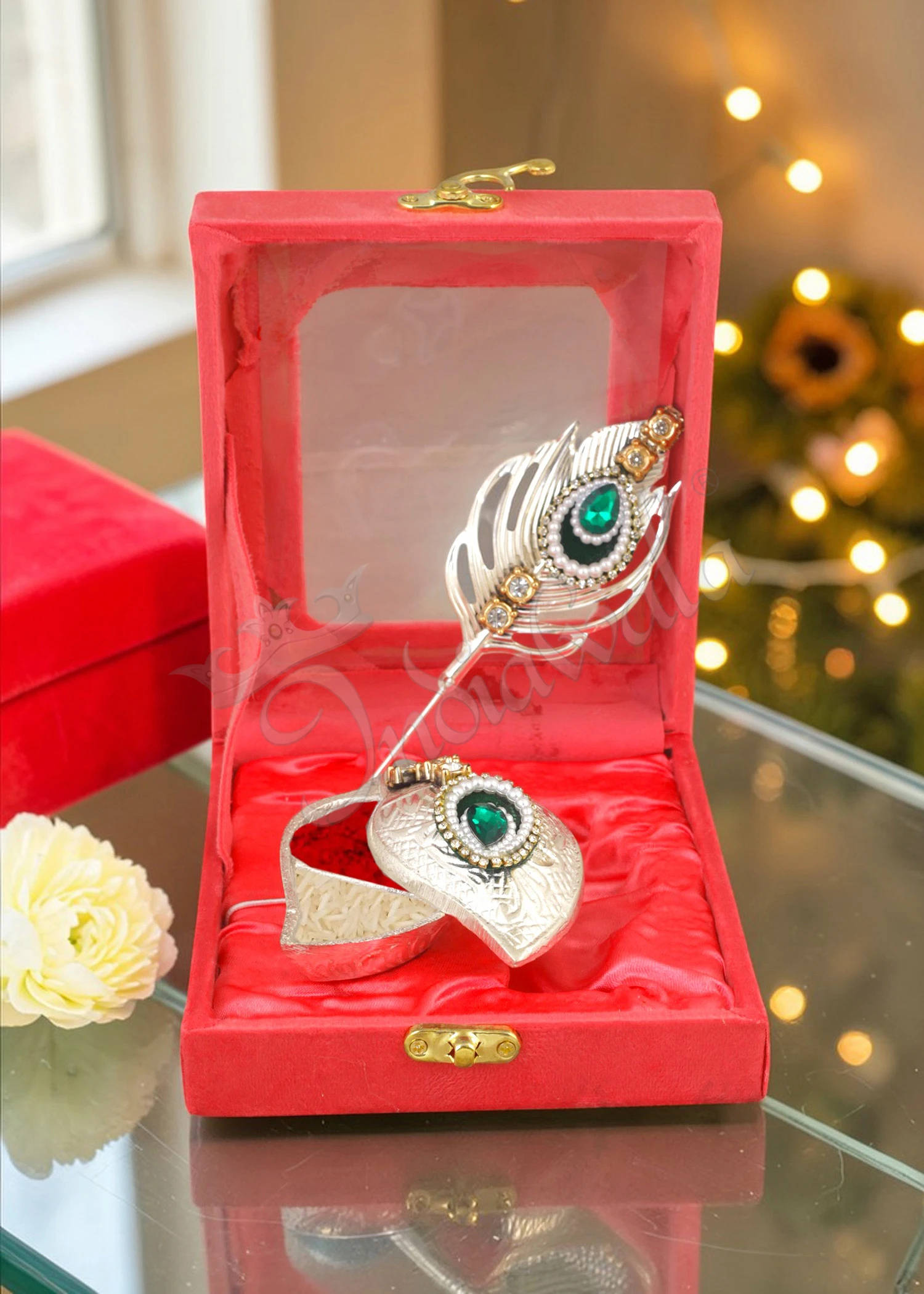 INW-9347-1 Elegant Silver Plated Morpankhi Kum Kum Set in a premium velvet box.