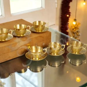 Elegant Brass Finish 6 Piece Cup Plate Set with Velvet Box packaging