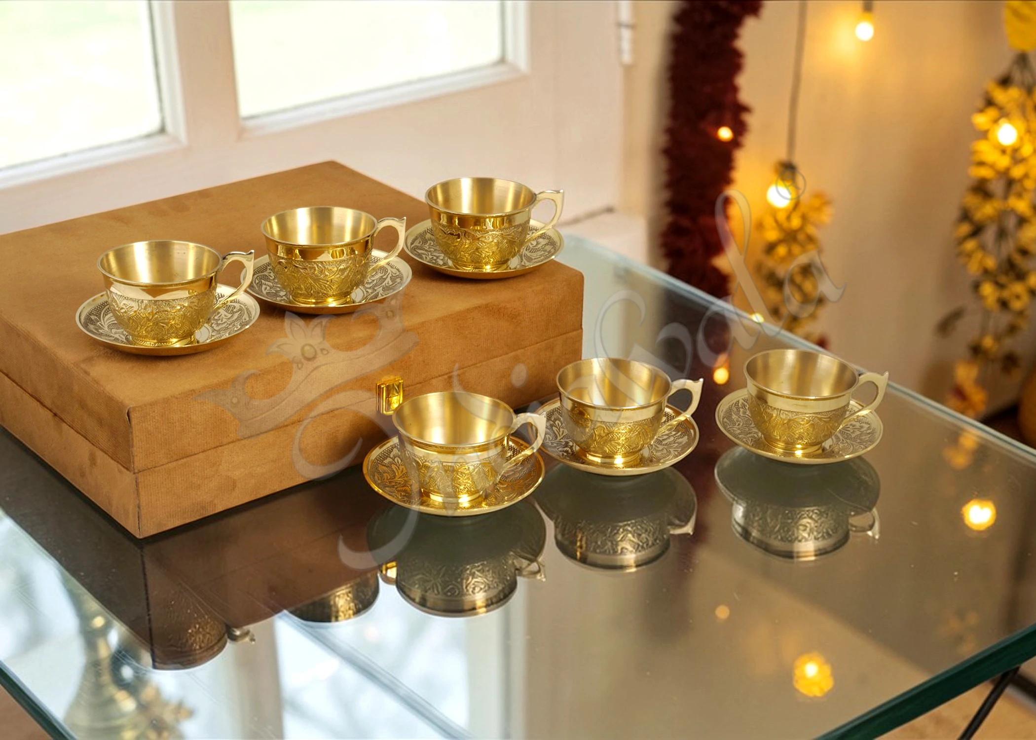 Elegant Brass Finish 6 Piece Cup Plate Set with Velvet Box packaging