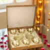 Elegant Brass Finish 6 Piece Cup Plate Set with Velvet Box packaging