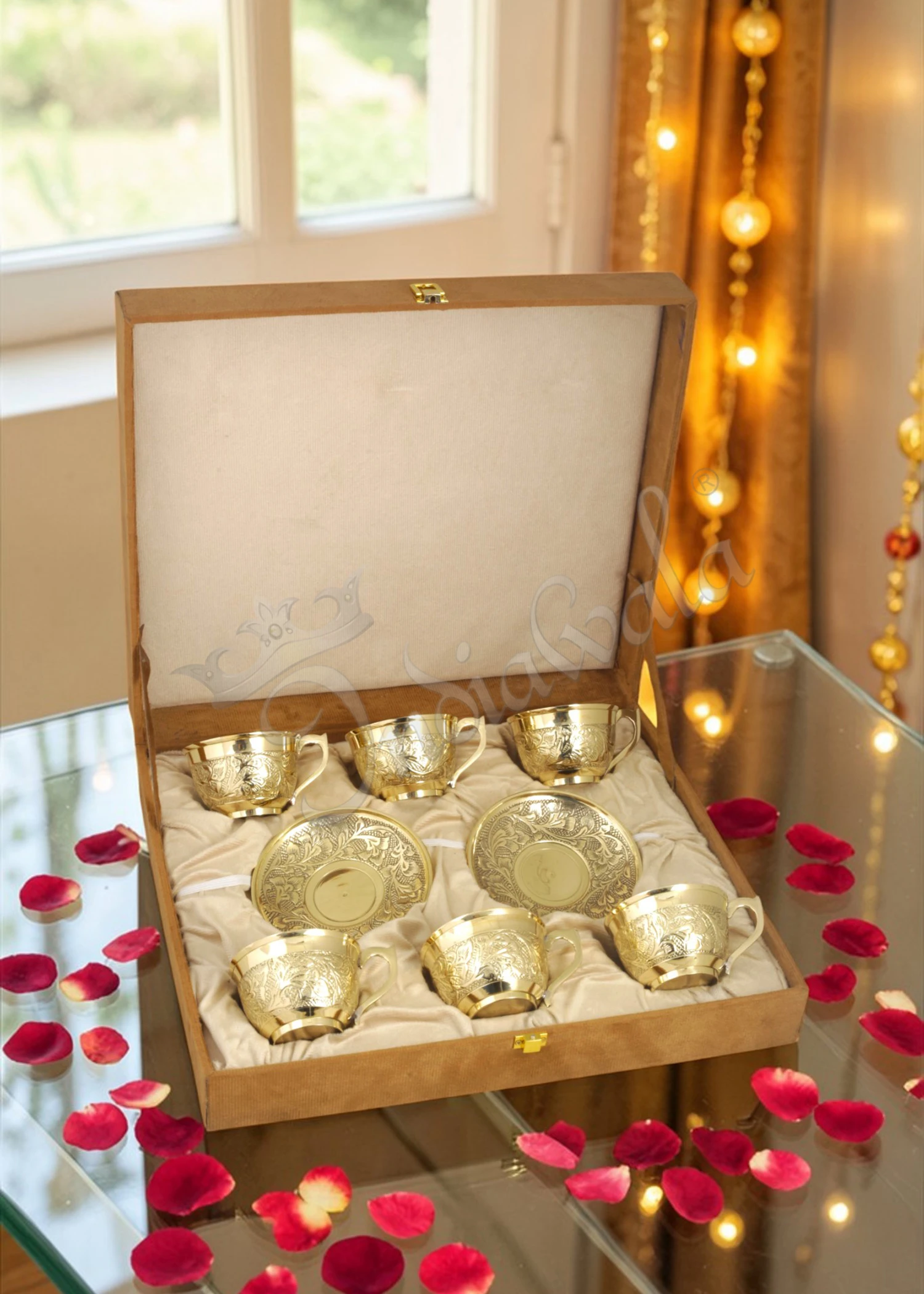Elegant Brass Finish 6 Piece Cup Plate Set with Velvet Box packaging