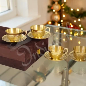 A beautiful Brass Finish Cup Plate Set of 4 with Velvet Box, showcasing premium brass craftsmanship.