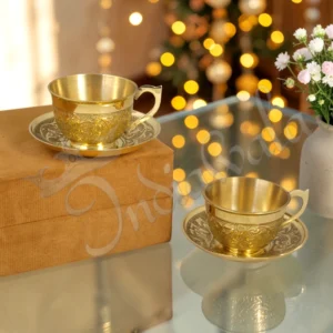 Elegant Brass Finish Cup Plate Set of 2 inside a premium velvet box