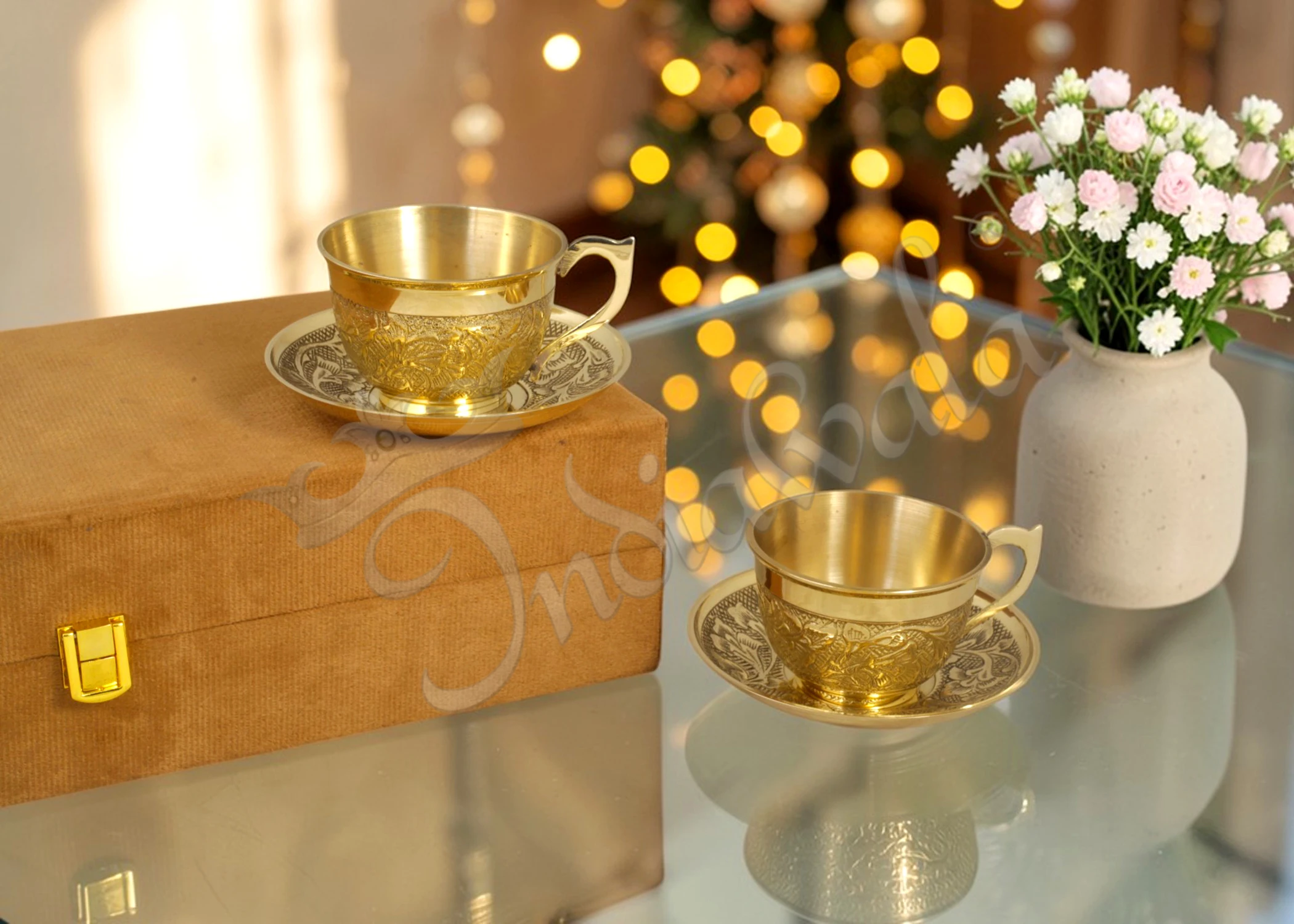 INW-9361 Elegant Brass Finish Cup Plate Set of 2 inside a premium velvet box