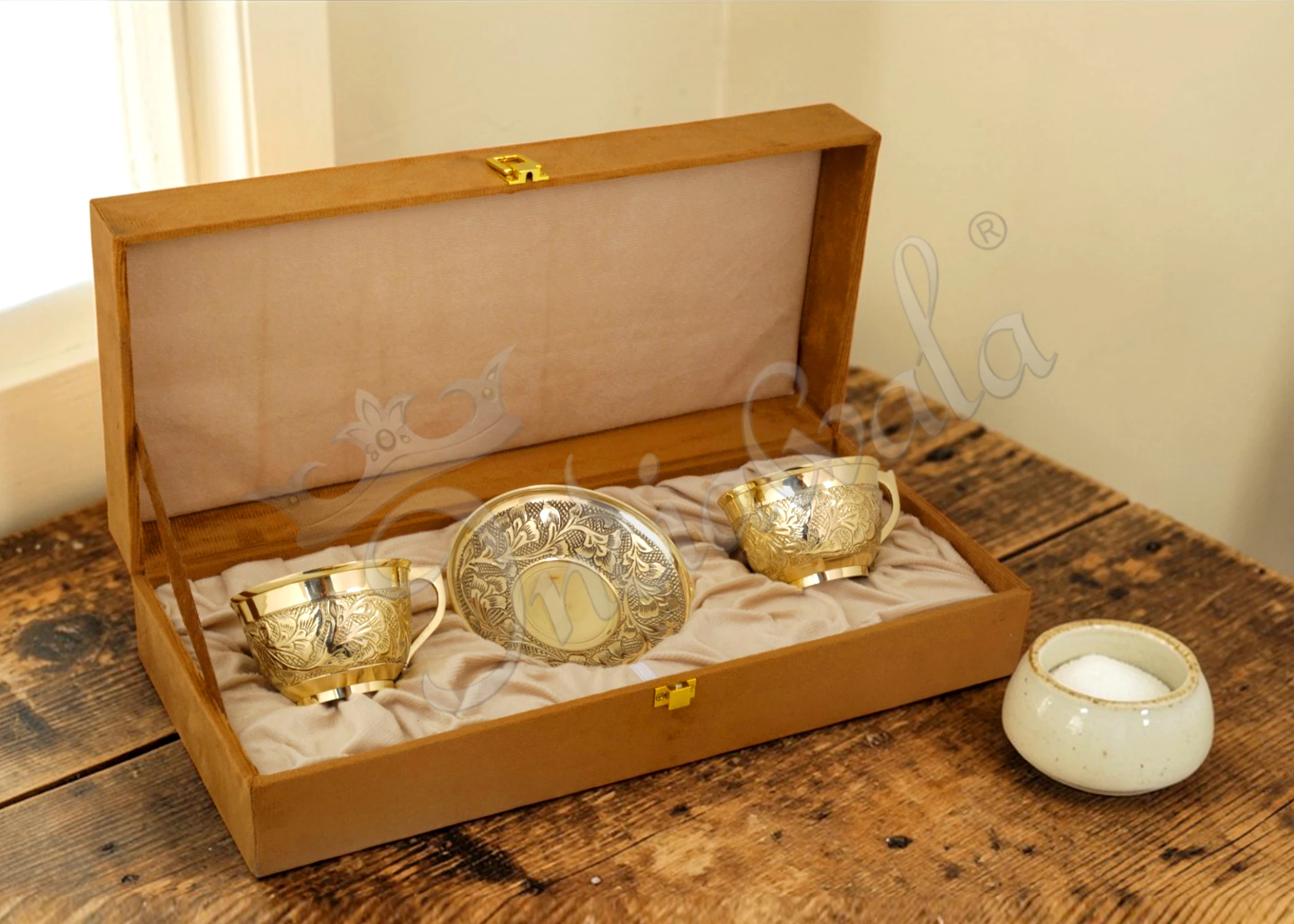 INW-9361_1 Elegant Brass Finish Cup Plate Set of 2 inside a premium velvet box
