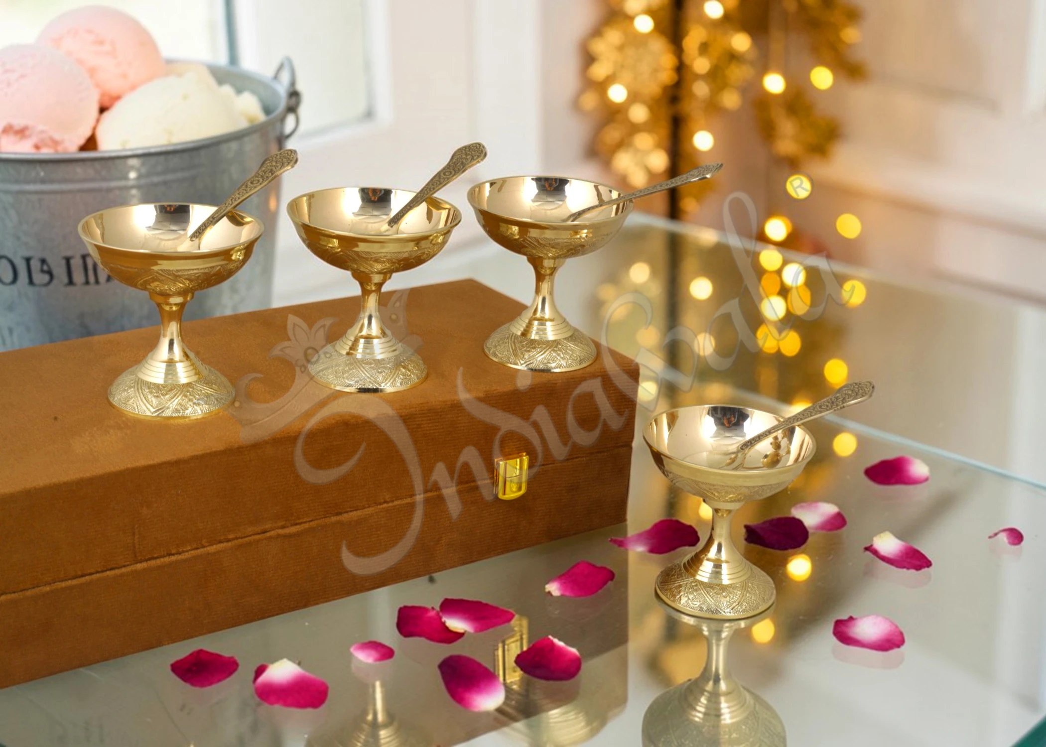 INW-9363 Brass Finish Dessert Bowl Set with Velvet Box
