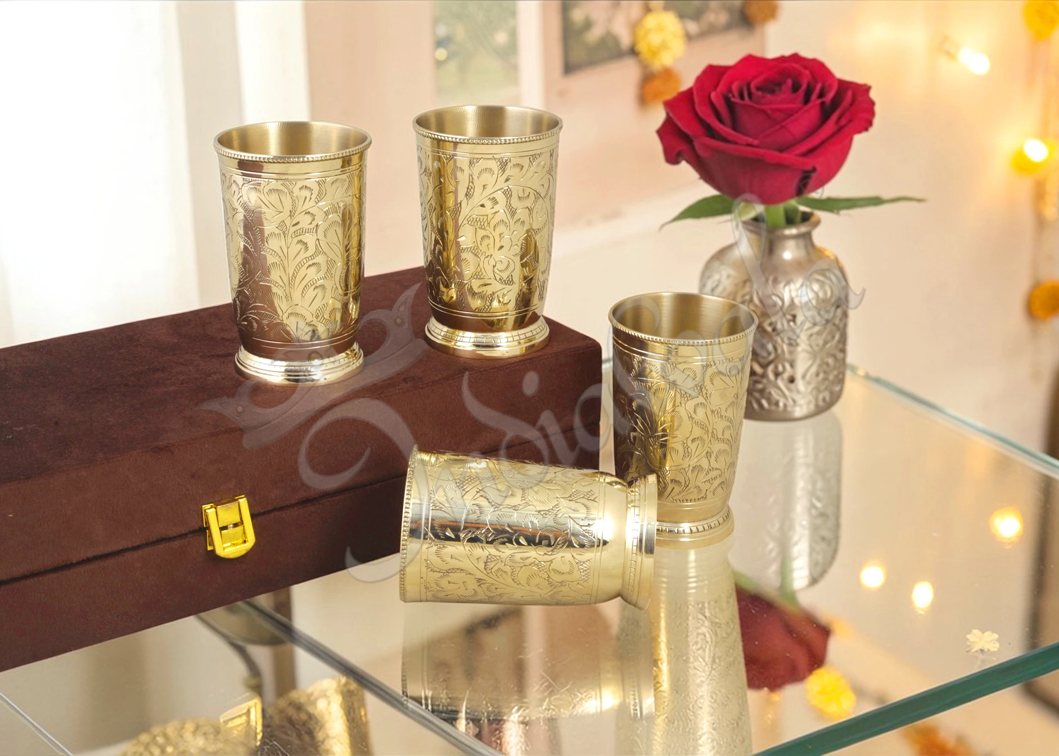 4.25 Inch Brass Drinking Glass Set of four in a premium velvet box