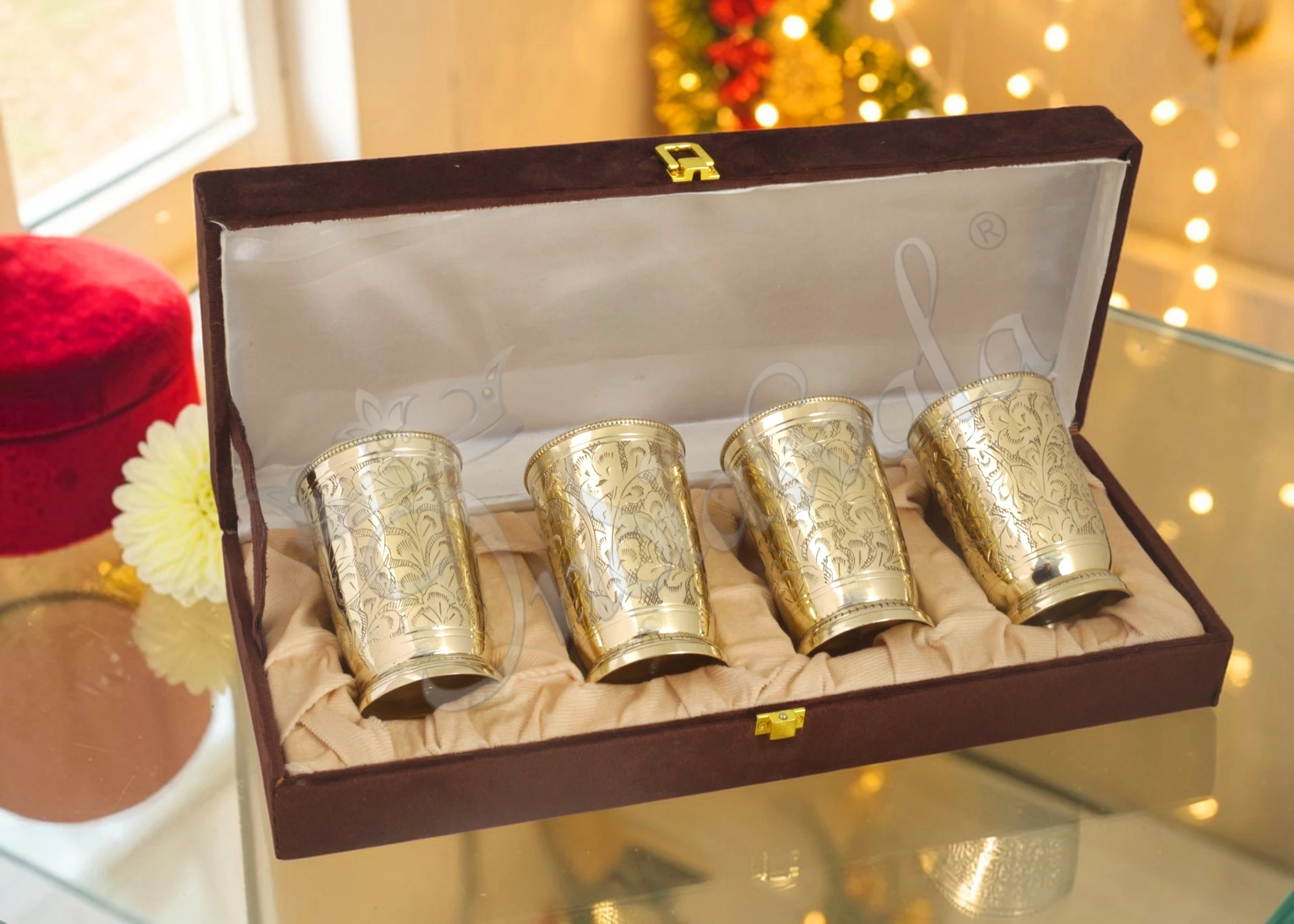 4.25 Inch Brass Drinking Glass Set of four in a premium velvet box