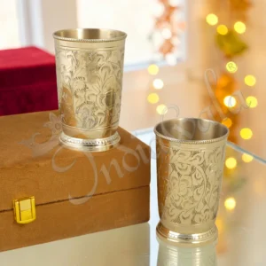 Elegant 4.25 Inch Brass Finish Gifting Glass Set in a velvet box
