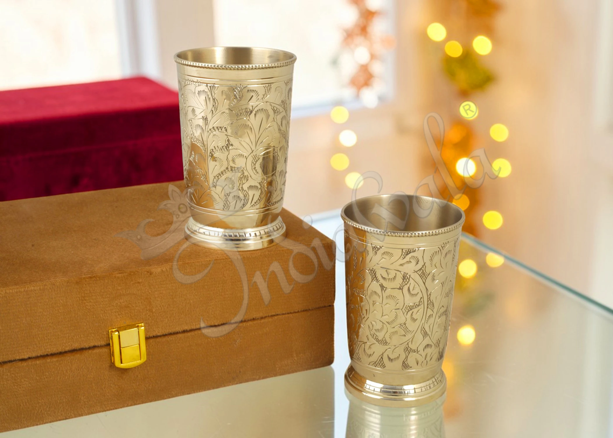 INW-9367 Elegant 4.25 Inch Brass Finish Gifting Glass Set in a velvet box